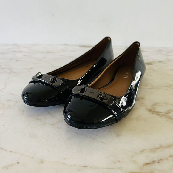 COACH Oswald Black Patent Leather Ballerina Flats Metal Buckle Accent - US 6.5 - Picture 1 of 8